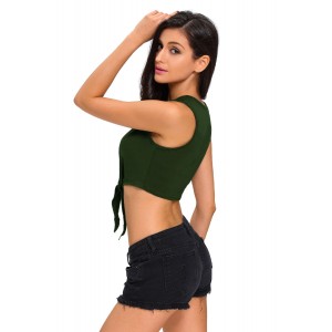 Army Green Tie Front Sleeveless Crop Top